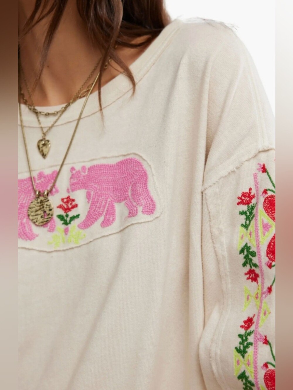 We The Free All My Heart Cream Sweatshirt Pink Bear&Floral Sleeve Embroidery XL - Picture 5 of 16